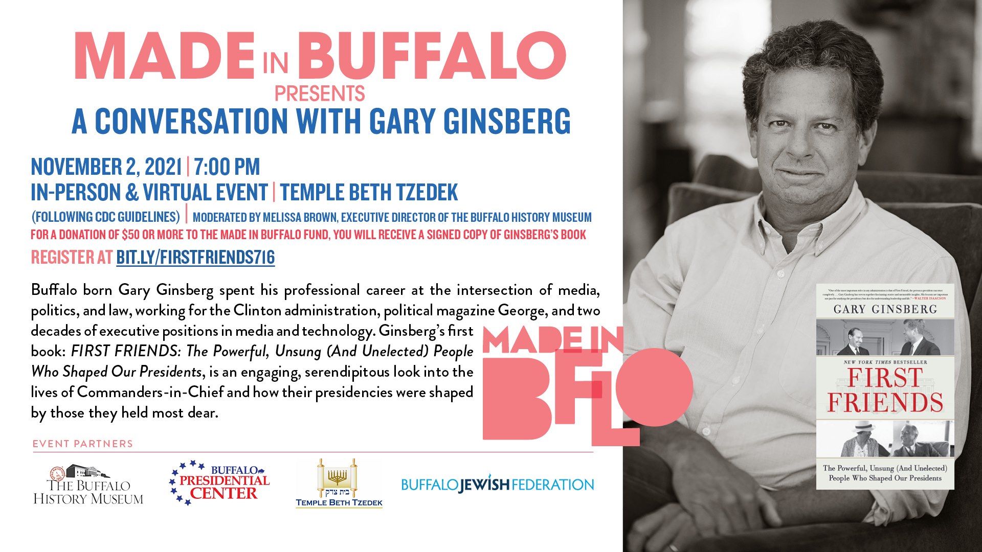 Advertising graphic for a conversation with Gary Ginsberg made in buffalo