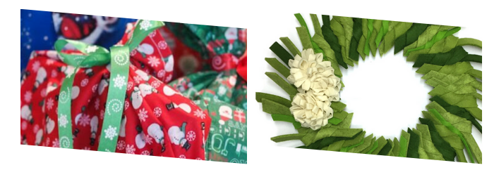 Cloth holiday gift wrap and felt holiday wreath