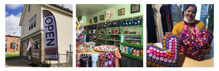 Three images of the outside of Stitch Buffalo, the inside of their store, and an artisan